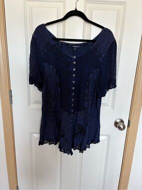 Denim 24/7 Navy Embroidered Button-Front Flutter Sleeve Blouse